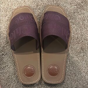 Chloe Woody Flat Logo Ribbon Slide Sandal - Burgundy